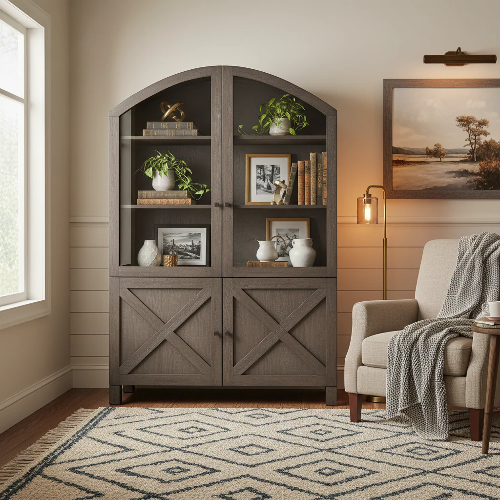 Dark Grey Solid Mango Wood Display Cabinet with Glass Doors & Arched Top