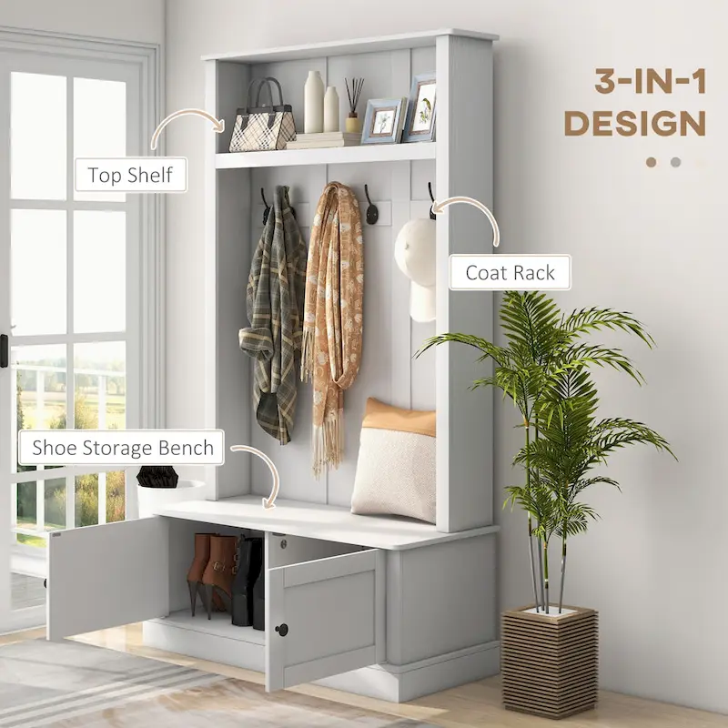 Freestanding Hall Tree, Entryway Bench with Coat Rack, Shoe Cabinet and Top Shelf