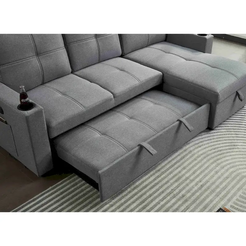 Linen Sectional Sofa Reversible Chaise with Pull out Sleeper
