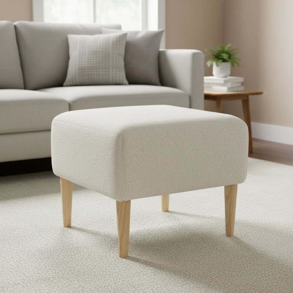 Square Boucle Ottoman with Wood Legs