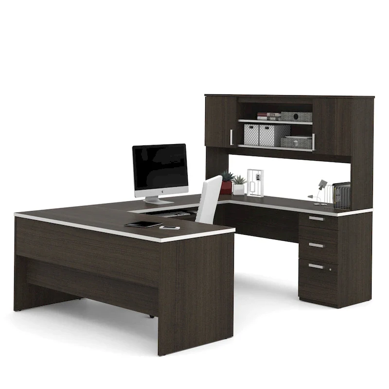 Ridgeley U-Shaped Office Desk with Cabinet and Hutch