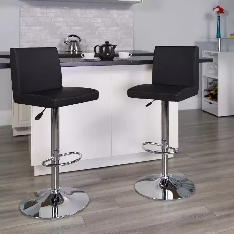 Adjustable Height Barstool with Panel Back & Chrome Base, Black Vinyl, Set of 2