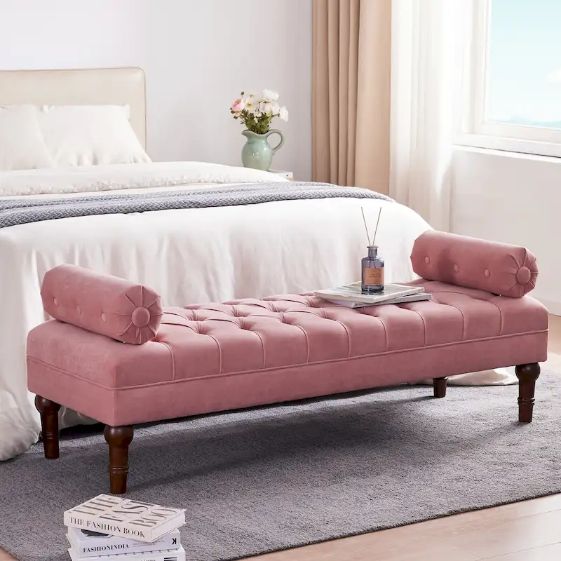 Velvet Bedroom Bench Pink/ Beige/ Blue/ Gray Upholstered Bench with Button-Tufted 60.2.