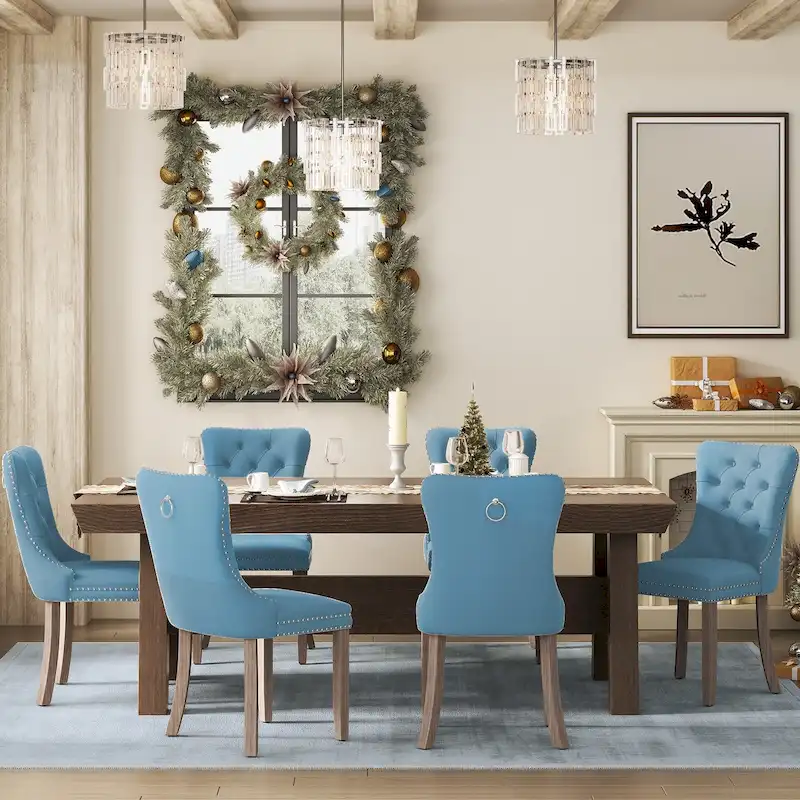 Upholstered Tufted Velvet Dining Chair with Solid Wood Legs Set of 6