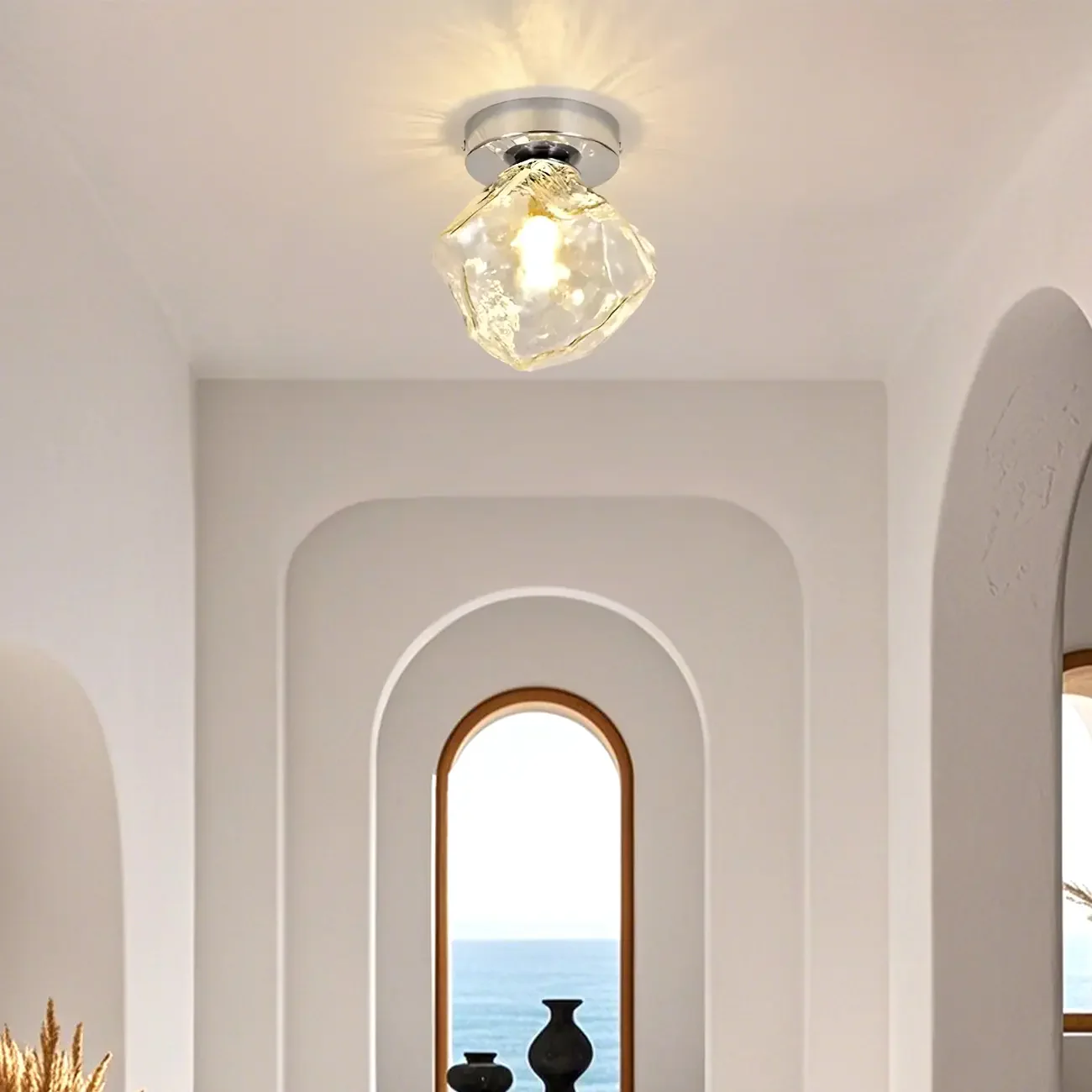 Clear Glass Rock Design Hallway Chrome Semi Flush Ceiling Light