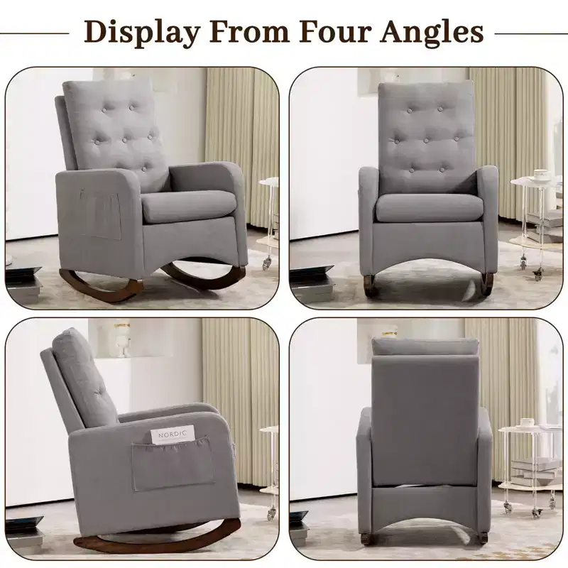 Upholstered Rocking Chair, Modern Wingback Accent Rocking Chair, Comfy Accent Armchair Chair, Rubber Wood Legs, High Backrest and Side Pocket