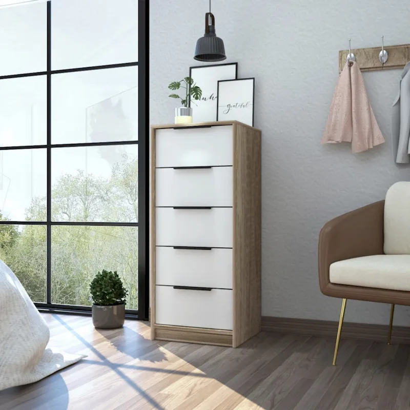 Wood Modern 5 Drawer Dresser Chest with Metal Glides and Handles