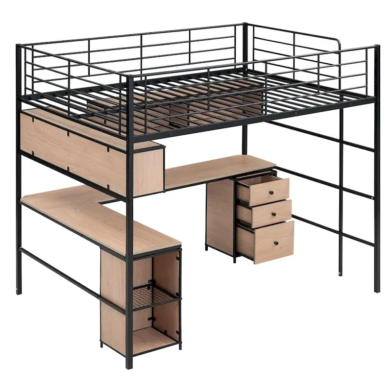 Metal Loft Bed With Bookcase,Desk And Cabinet,Full
