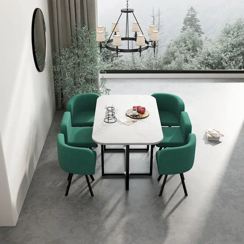 Modern 7-Piece Dining Set with Rectangular Marble Table & 6 Upholstered Chairs