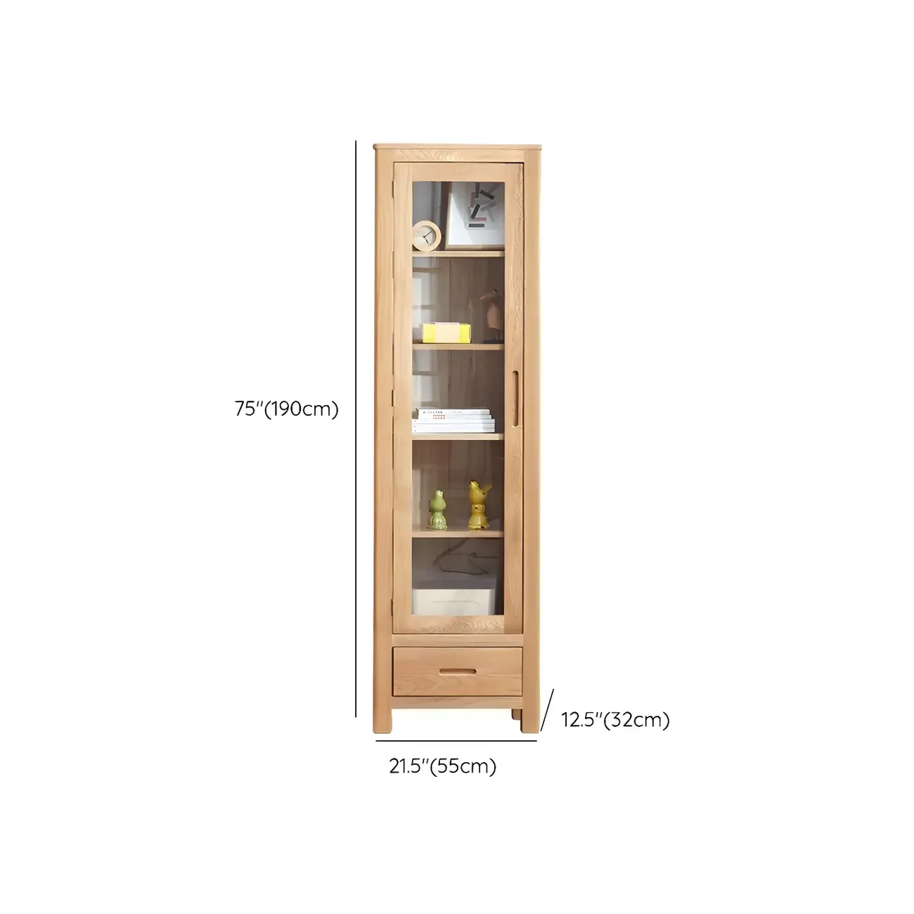 2-Drawer Natural Wood Display Cabinet Adjustable Shelves