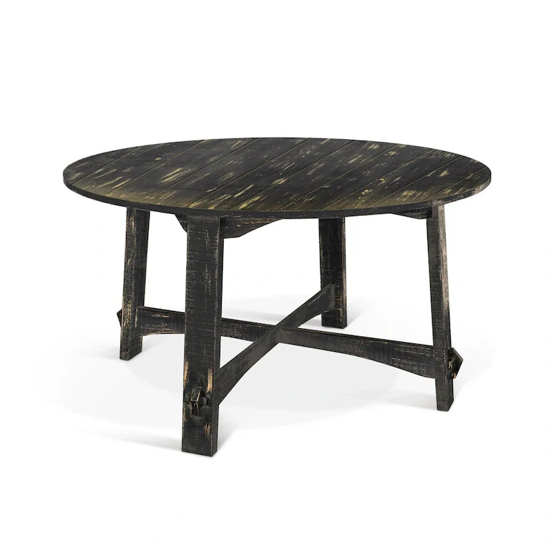 Rena Dining Table, 54 Inch Round Planked Black Smoke Mahogany Wood