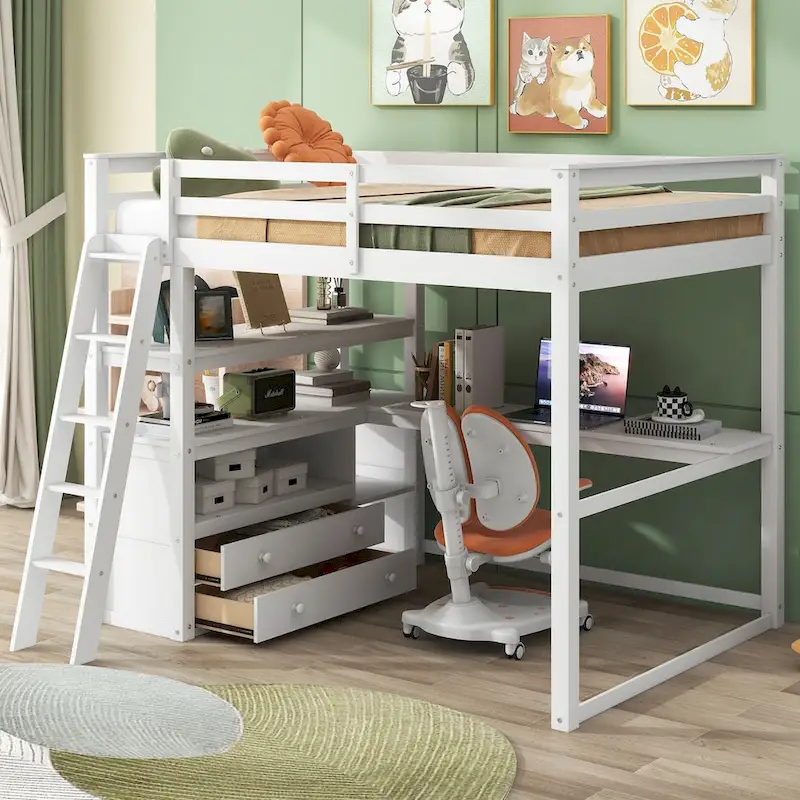 Loft Bed with Desk and Shelves, Two Built-in Drawers
