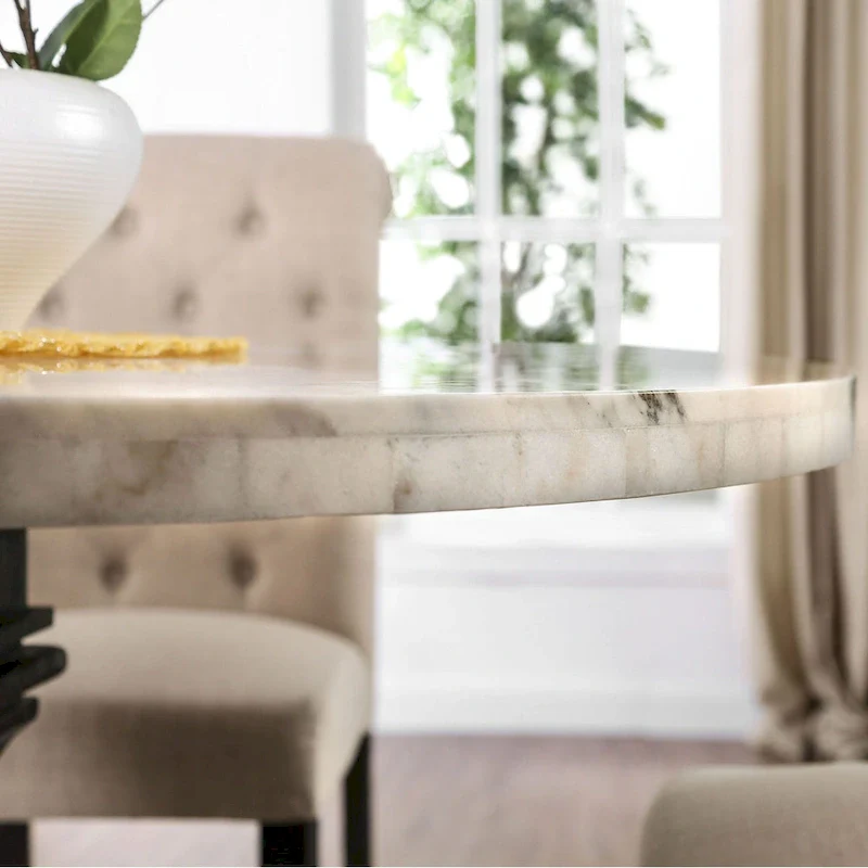 Brec Farmhouse Marble Top 5-Piece Round Dining Table Set with Tufted Chairs by