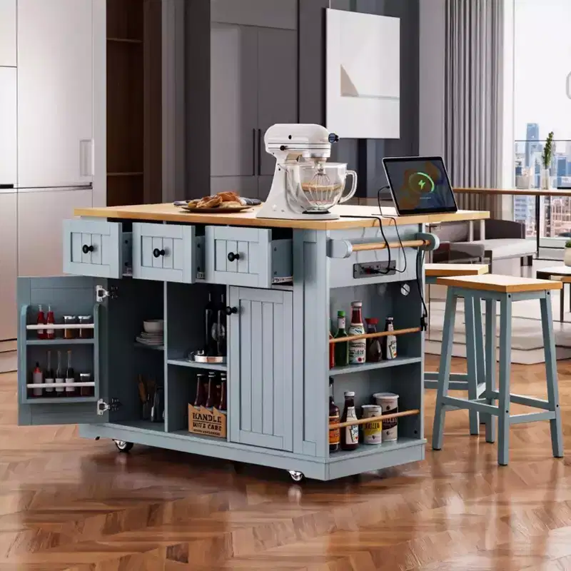 53 Large Rolling Kitchen Island with Drop Leaf & Power Outlet, Kitchen Cart with Door Storage, 5 Side Racks & 5 Wheels, Grey Blue