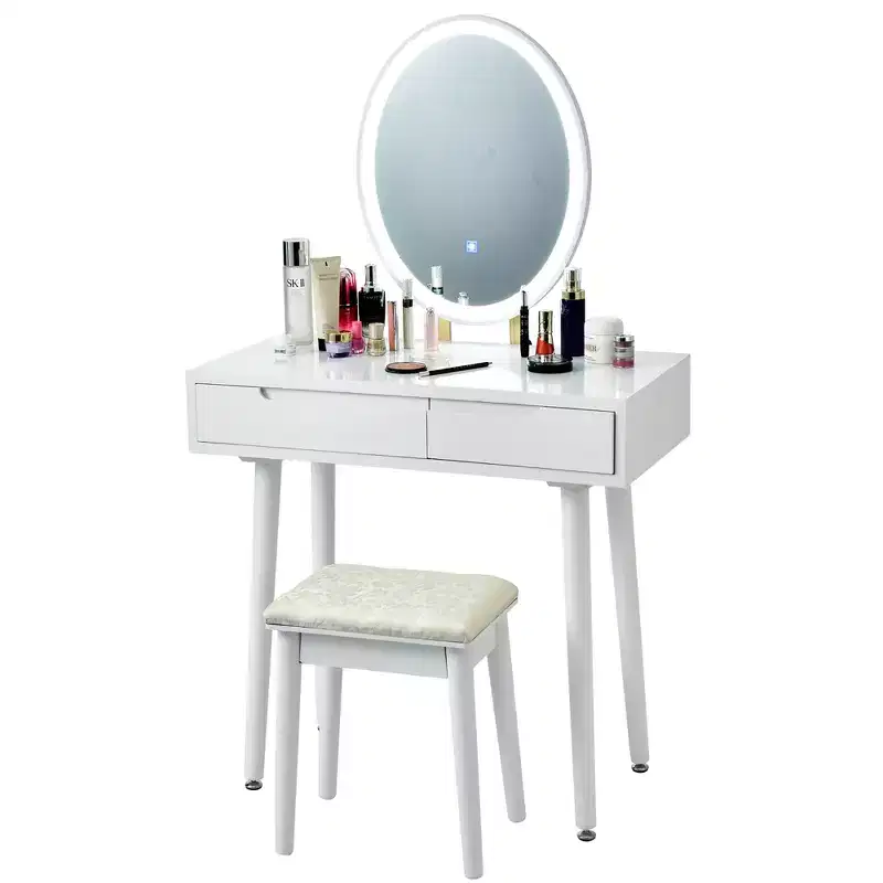 Costway Vanity Makeup Table Touch Screen 3 Lighting Modes Dressing Table Stool Set White\Black\ Gray