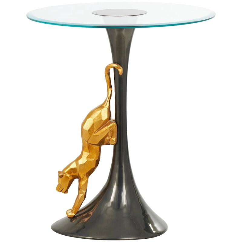 Aluminum Metal Leopard Accent Table with Gold Leopard Accent and Tempered Glass Top - Black - Roche River Decor