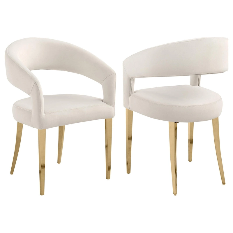 Liano Dining Chair Set of 2, Curved Open Back, Gold Legs, White Fabric