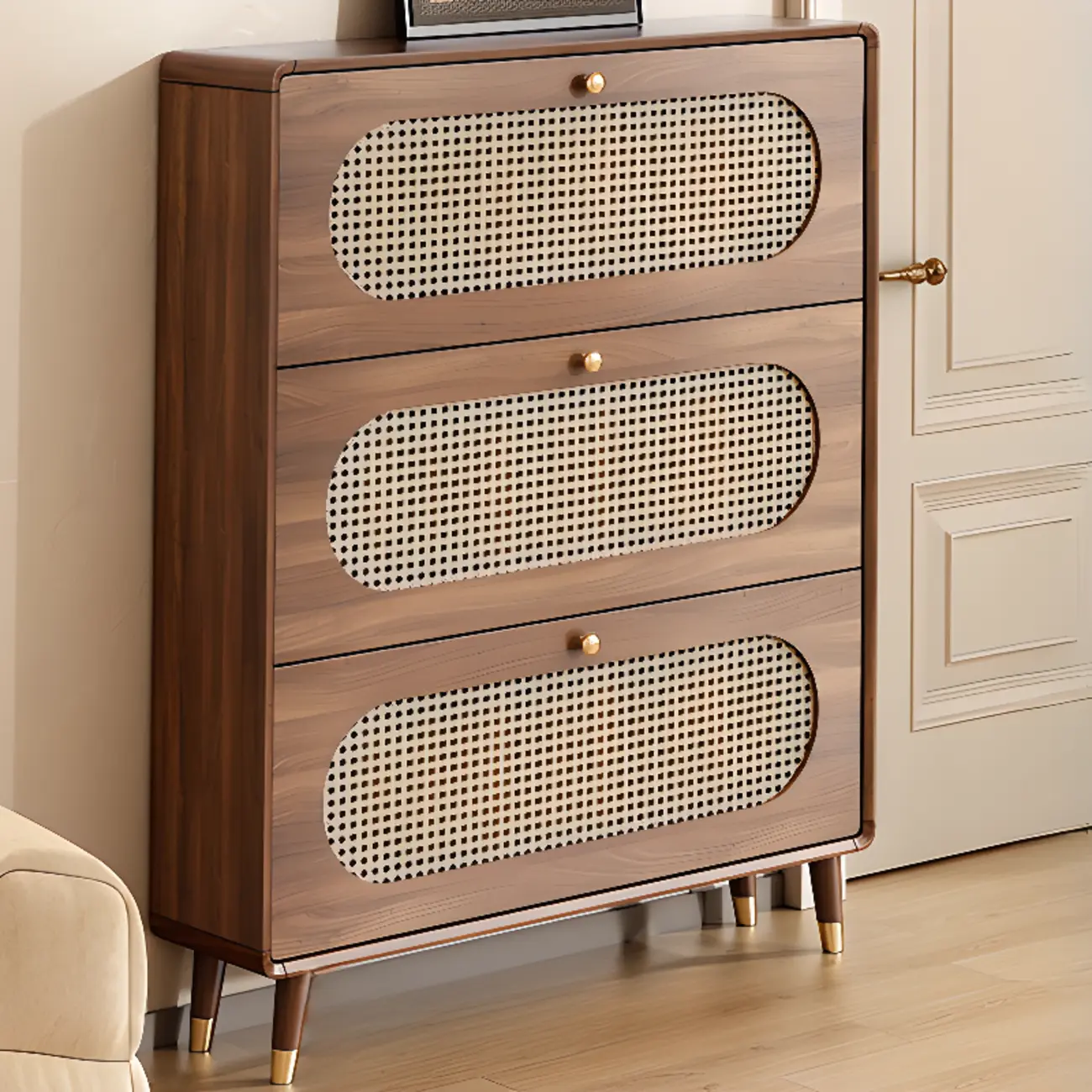 Bohemian Slim Brown Drop-Front Wood Shoe Cabinet