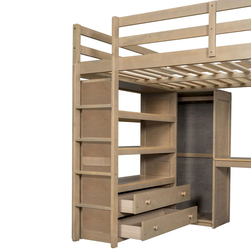 Full Size Pinewood Loft Bed with Built-in Study Desk and Wardrobe, Storage Shelves and 2 Drawers, Full-length Guardrails