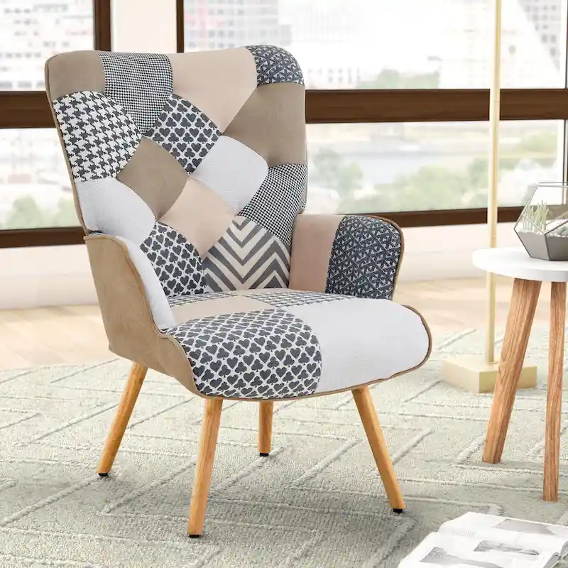 Linen Upholstered Modern Armchair Accent Chair with Wood Legs