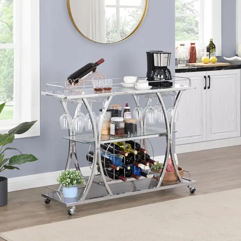 3-Tier Metal Bar Cart with Tempered Glass Shelves, Rolling Serving Cart for Kitchen or Bar