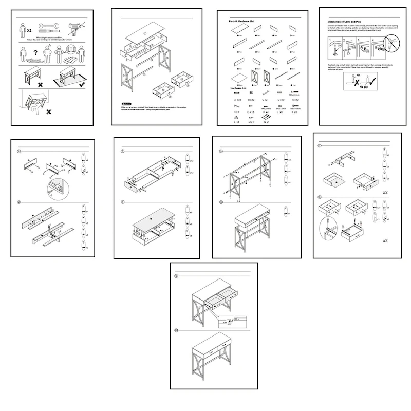 Computer Office Writing Desk, 41 Inch White Top, 2 Drawers, Gold Base