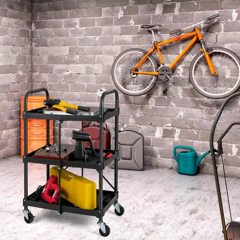 Folding Collapsible Service Cart Heavy-Duty 3-Shelf Tool Cart - 24 x 17 x 38 (L x W x H)