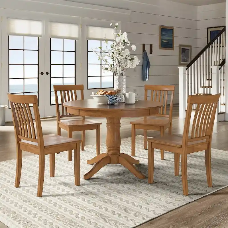 Wilmington II Round Pedestal Base Oak Finish 5-Piece Dining Set by iNSPIRE Q Classic