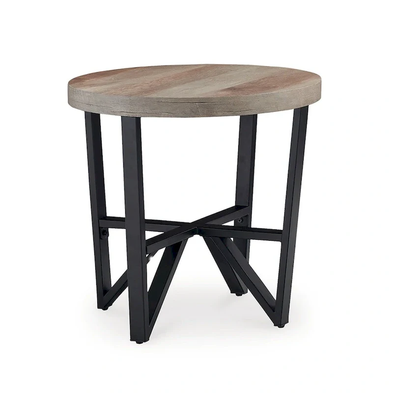 3-Piece Coffee and End Table Set - Brown Wood Round Top with Black Angular Base