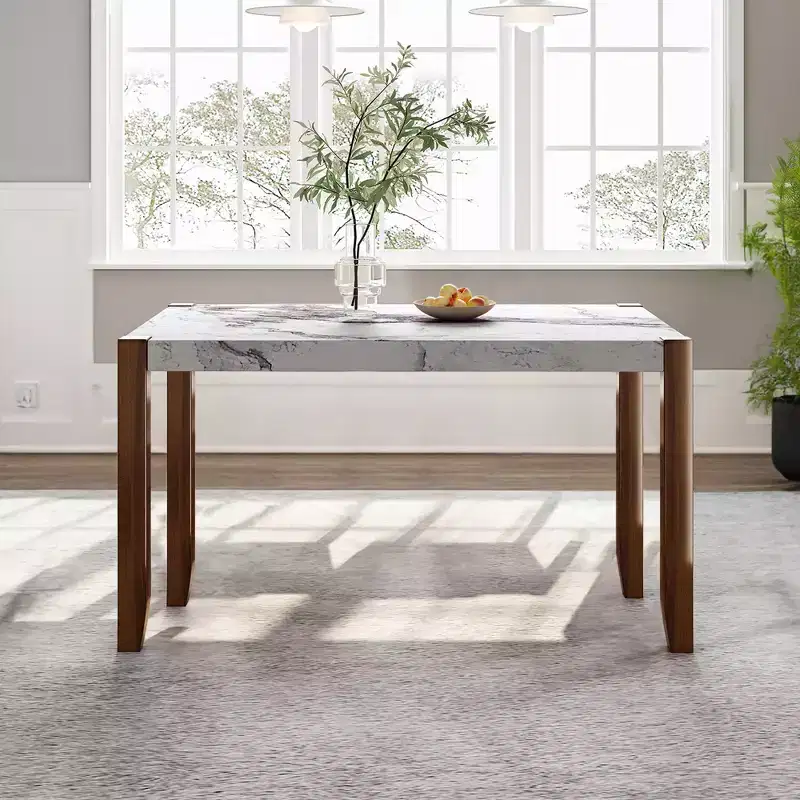 46.5 Modern Dining Table, Rectangular Faux Marble Kitchen Table with Rubber Wood Legs, White - ModernLuxe