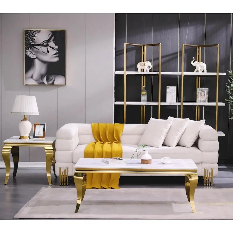 White and Gold End Table Side Table with Polished Gold Cabriole Legs