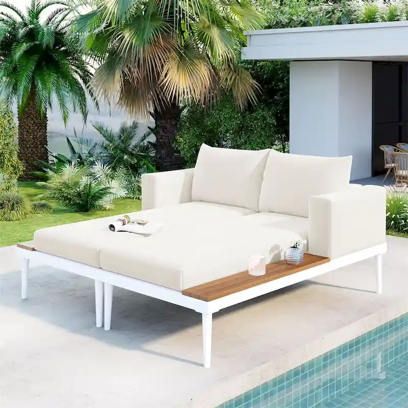 Modern Outdoor Patio Metal Daybed with Wood Topped Side Spaces