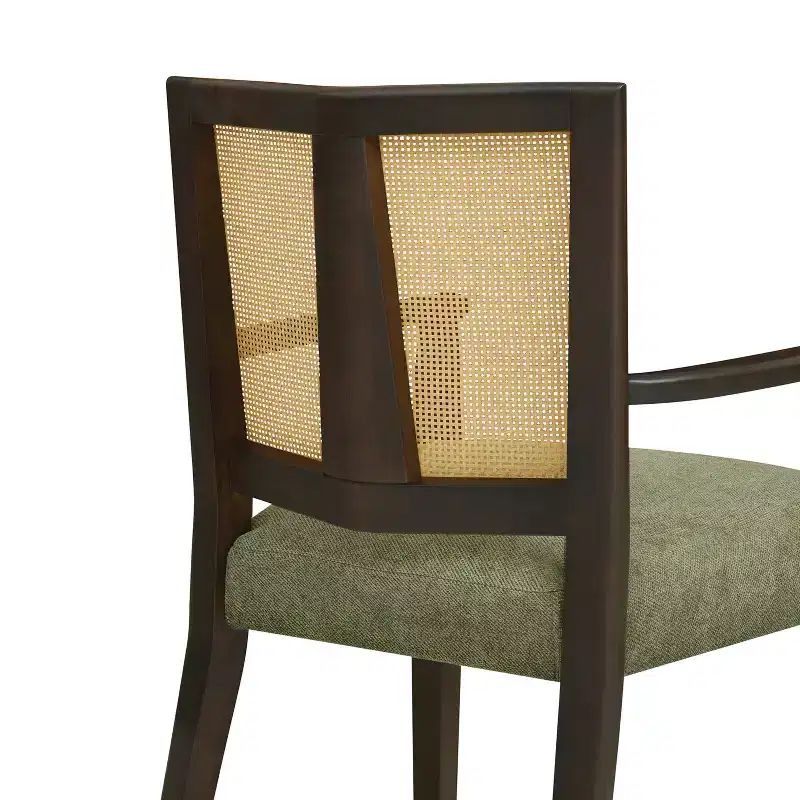 Beige/Dark Brown Upholstered Dining Arm Chairs with Rattan Back, Set of 2
