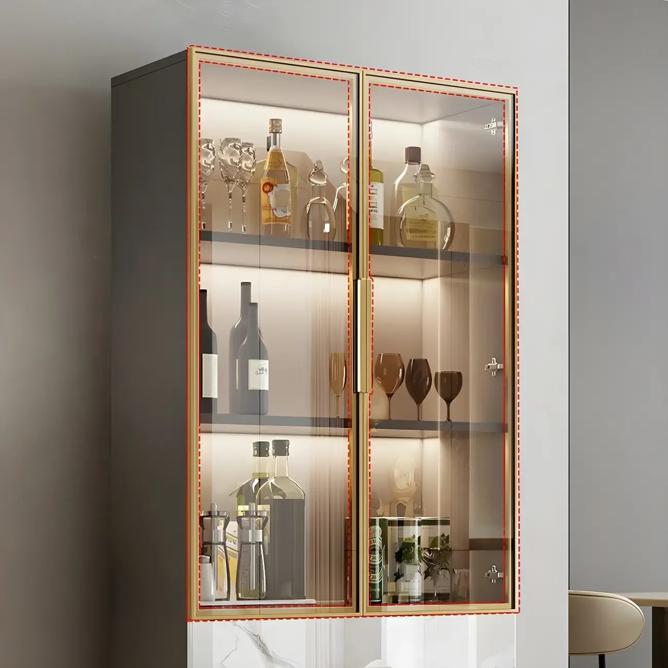 Modern Gold White Marble-Textured Wood Glass Versatile Cabinet