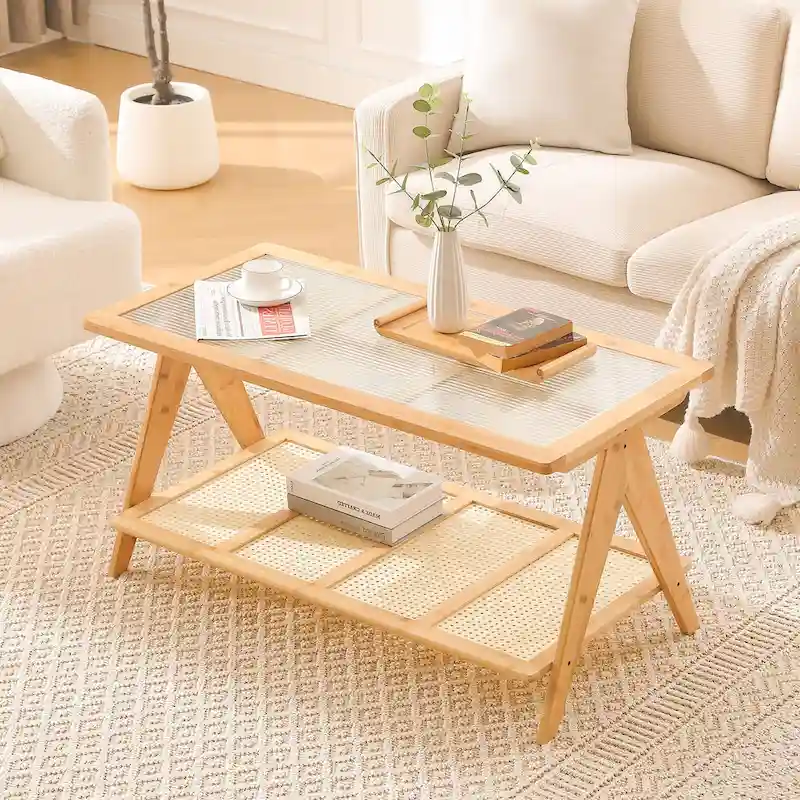 2-Tier Rectangular Coffee Table, Glass Top Sofa Table - 39.4