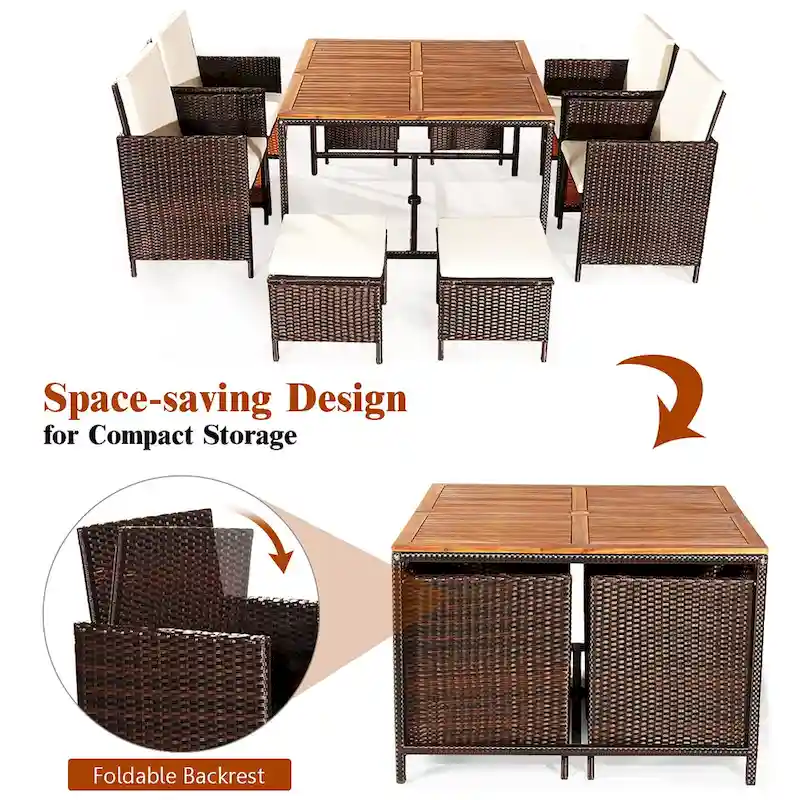 Costway 9PCS Patio Rattan Dining Set Cushioned Chairs Ottoman Wood - See Details
