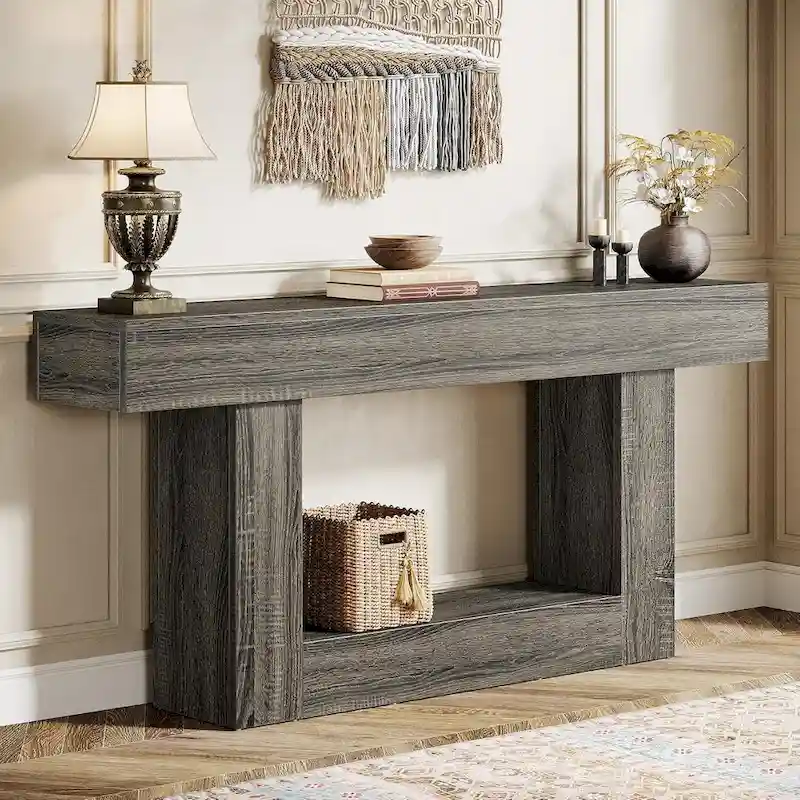 Farmhouse 2 Tiers Entryway Table, 63 Inches Console Table, Narrow Sofa Table