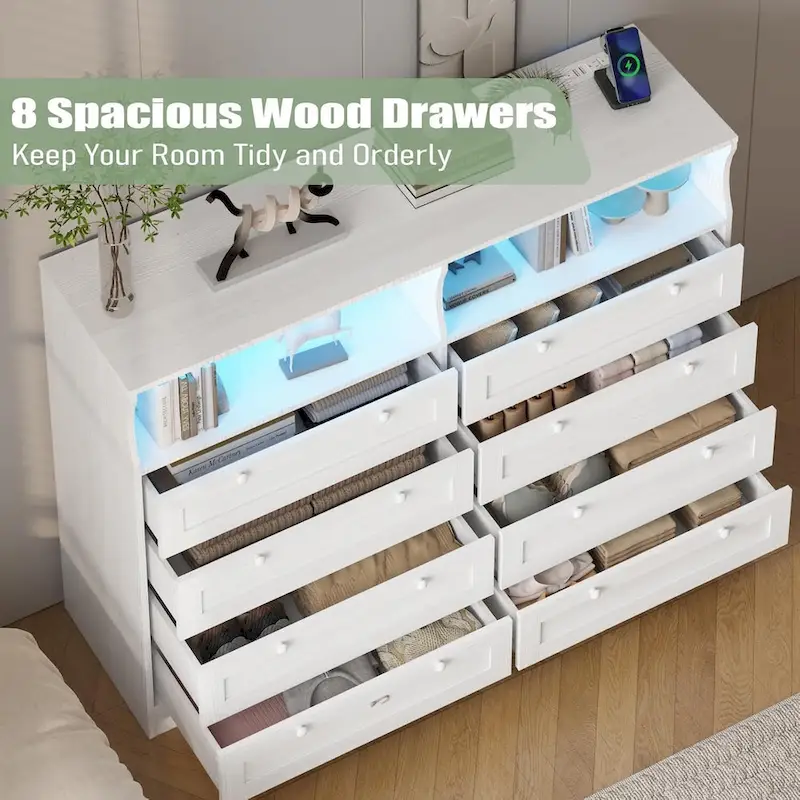 Modern Wood Dresser with 8 Drawers, Bedroom Dresser with Charging Station & LED Lights