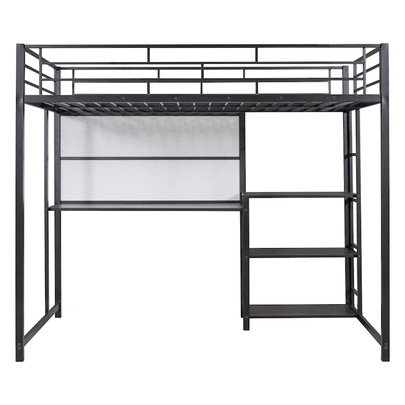 Metal Loft Bed with 3 Shelves and Ladder