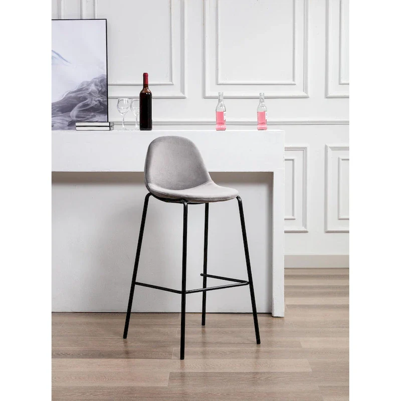 Bar Stools Set of 2 - Velvet Upholstery with Iron Legs