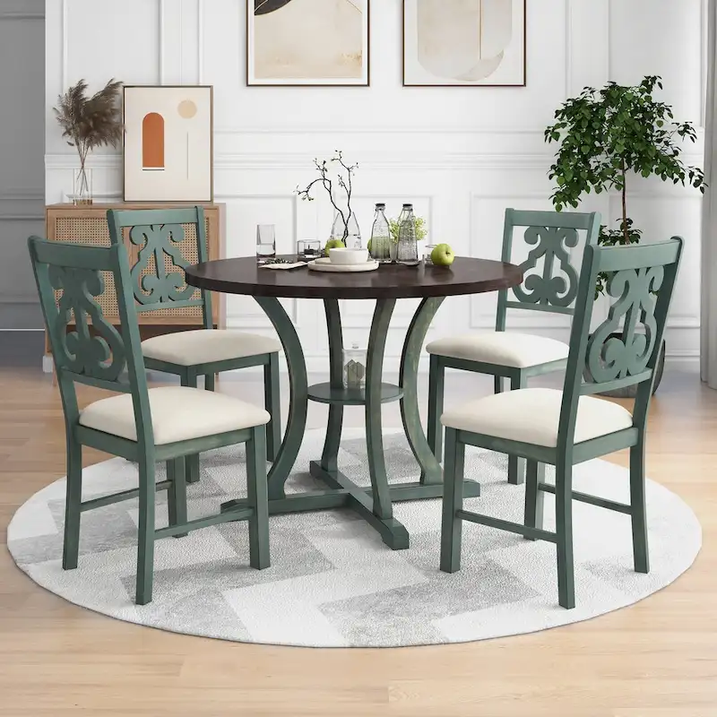 Retro 5-Piece Wooden Dining Table Set with 4 Chairs & Round Table