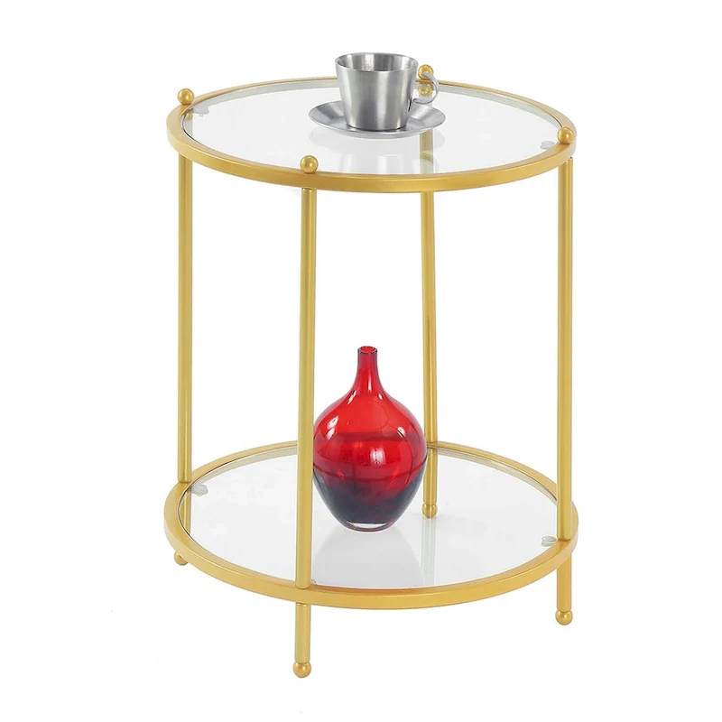 2-Tier Round Tempered Glass End Table, Chrome/Gold Frame, 18