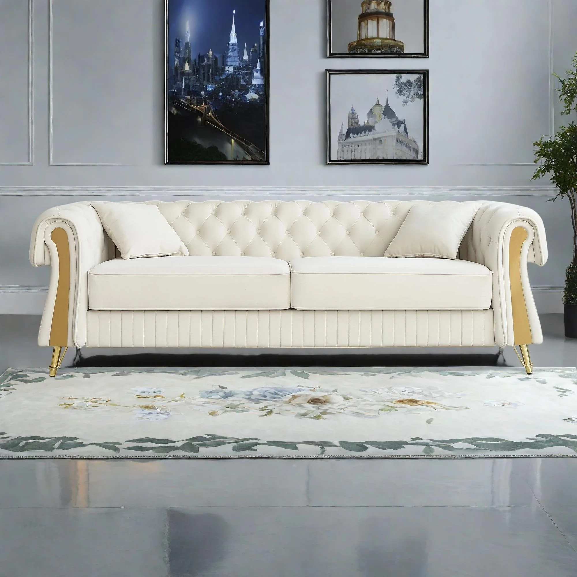 89 Velvet 3-Seater Sofa Sofa with Two Seat Cushions and Two Toss Pillows