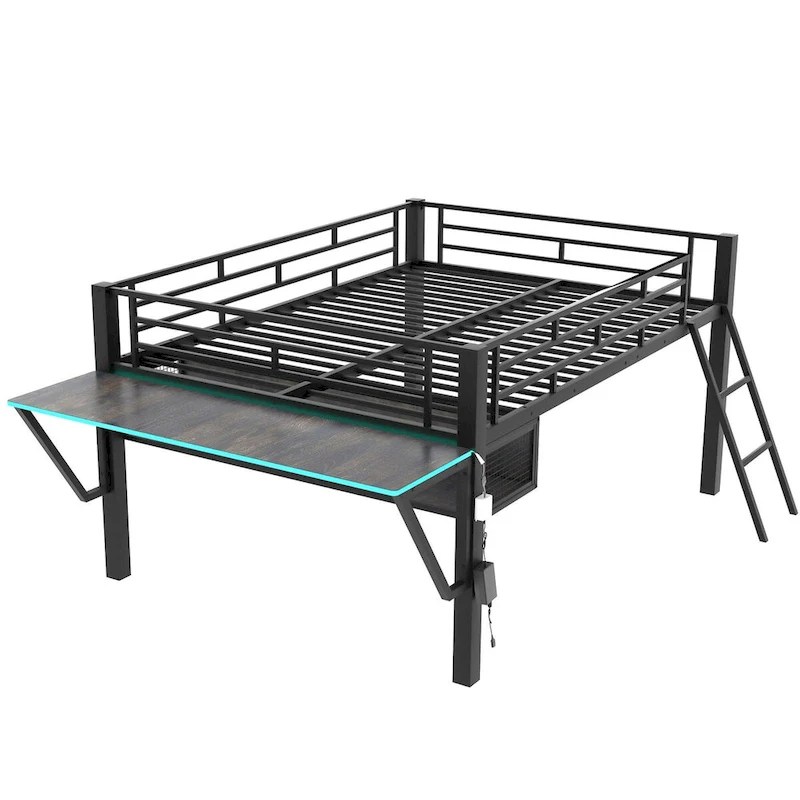 Gaming Mid Loft Bed with Desk and LED