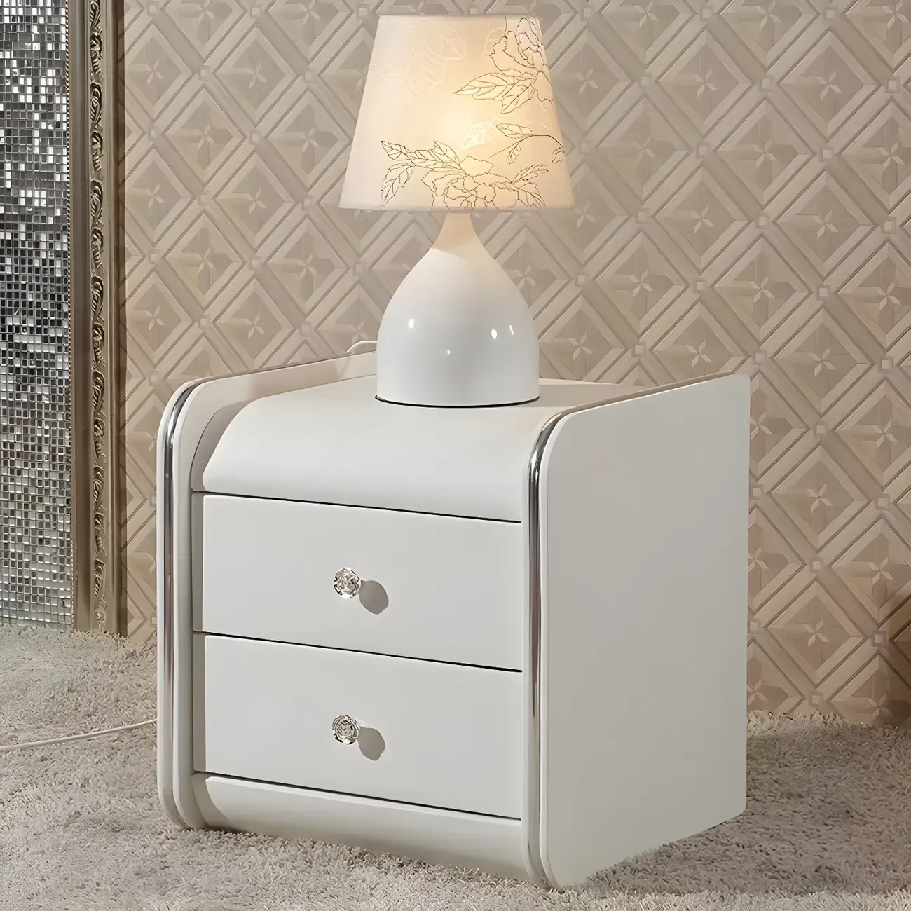 Luxurious Glossy Leather Wooden 2 Drawer Black Nightstand