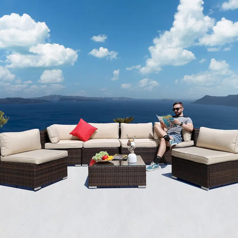 Rattan Sectional Sofa Conversation Set With Coffee Table