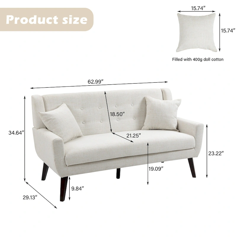 Modern Curved 63  Button Tufted Upholstered Loveseat with 2 Pillows