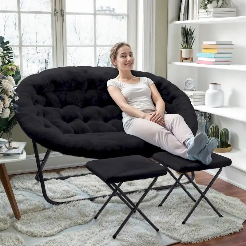 Double Folding Synthetic Fur Saucer Chair with 2 Ottomans