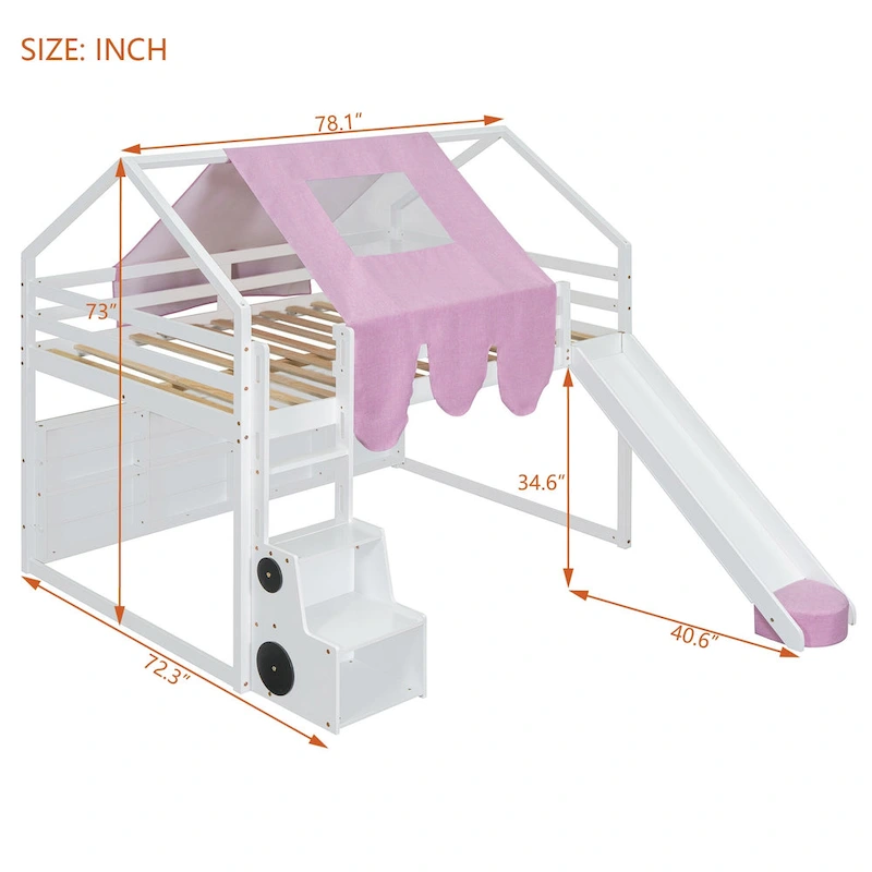Full Loft Bed with Play Tent, House Design, Slide & Ladder