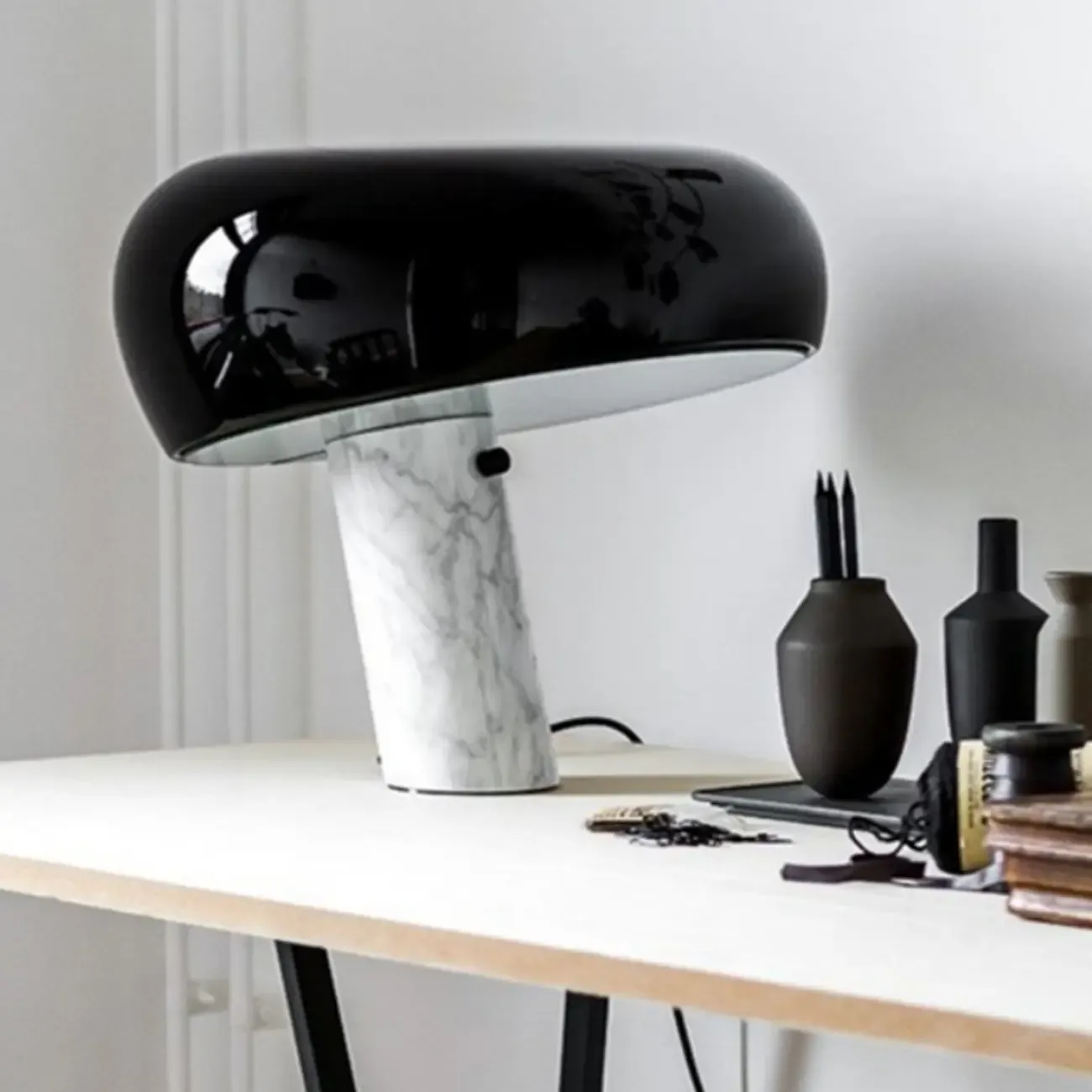 Modern Geometric Stone & Iron LED Table Lamp, Black